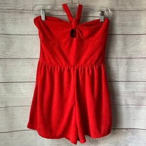 Wild Fable Red Terry Cloth Romper Short Outfit Bow Front Keyhole Halter Tie XS